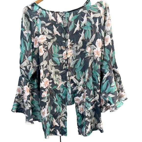 Lauren Conrad Womens sz XL Top Gray Floral Flared Sleeve Button Open Back Blouse - Picture 5 of 13